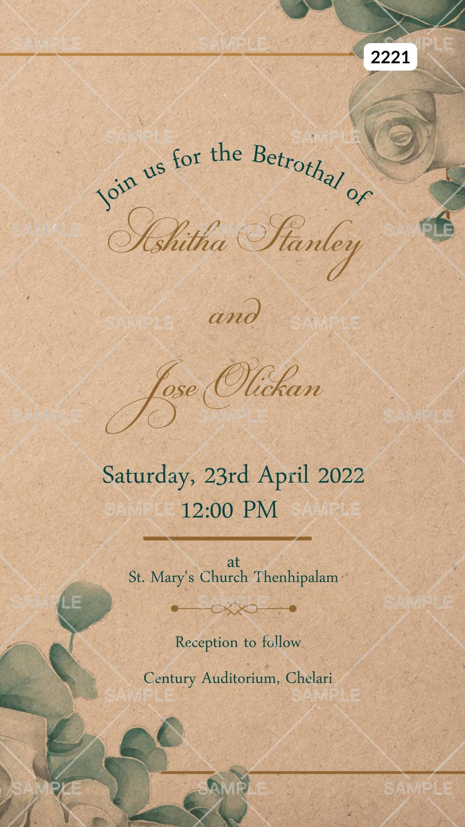Betrothal ceremony invitation card Canva Editable Template for Catholic family in english language with flowers, frame as vintage theme design 2221