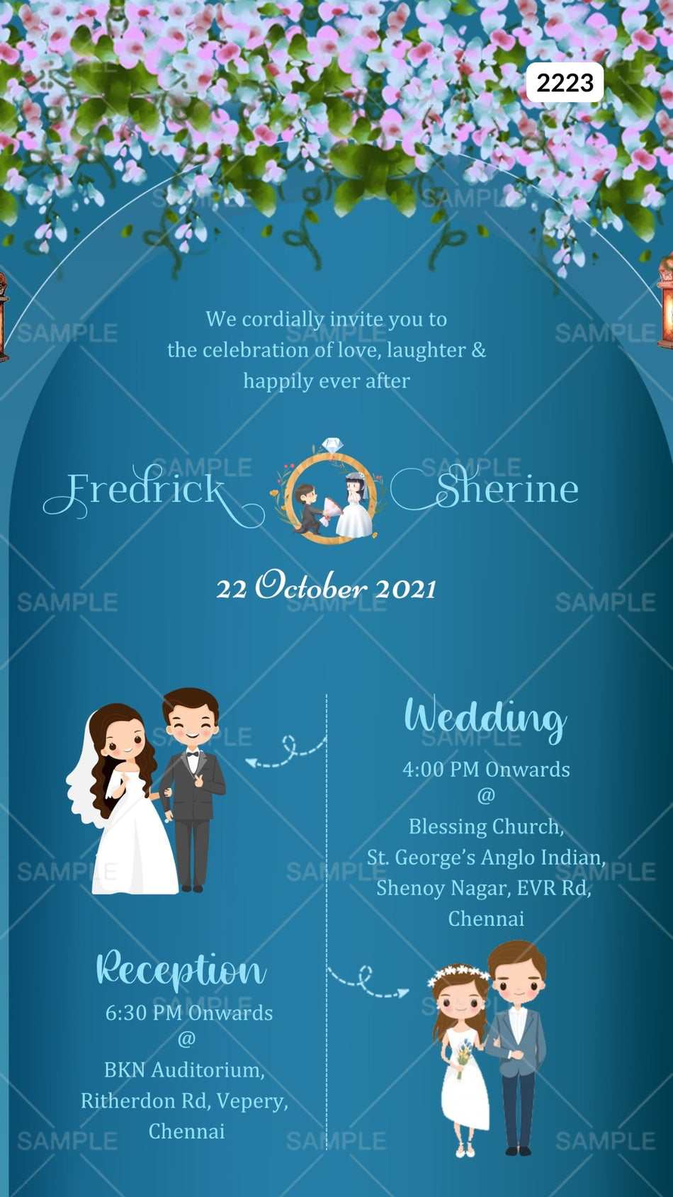 Bible verse Christian wedding ceremony invitation card Canva Editable Template of Catholic church family in english language with floral gate theme design 2223