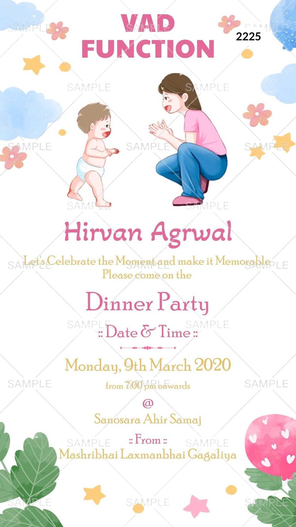 Vad Ceremony invitation card Canva Editable Template in english language with doodle, balloons as minimalistic theme design 2225