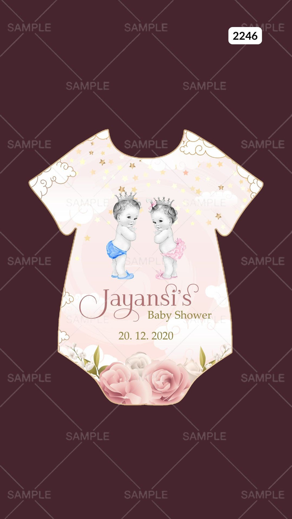 Baby Shower ceremony invitation card Canva Editable Template in english language with stars, flowers as minimalistic theme design 2246
