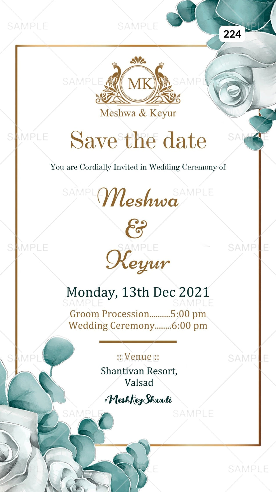 Wedding ceremony invitation card Canva Editable Template of hindu gujarati jain family in english language with Minimalistic theme design 224