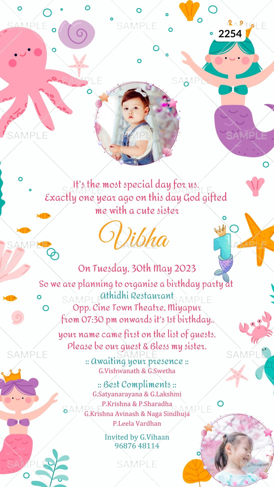 Birthday party invitation card Canva Editable Template for girl in english language with Under the Sea theme design 2254
