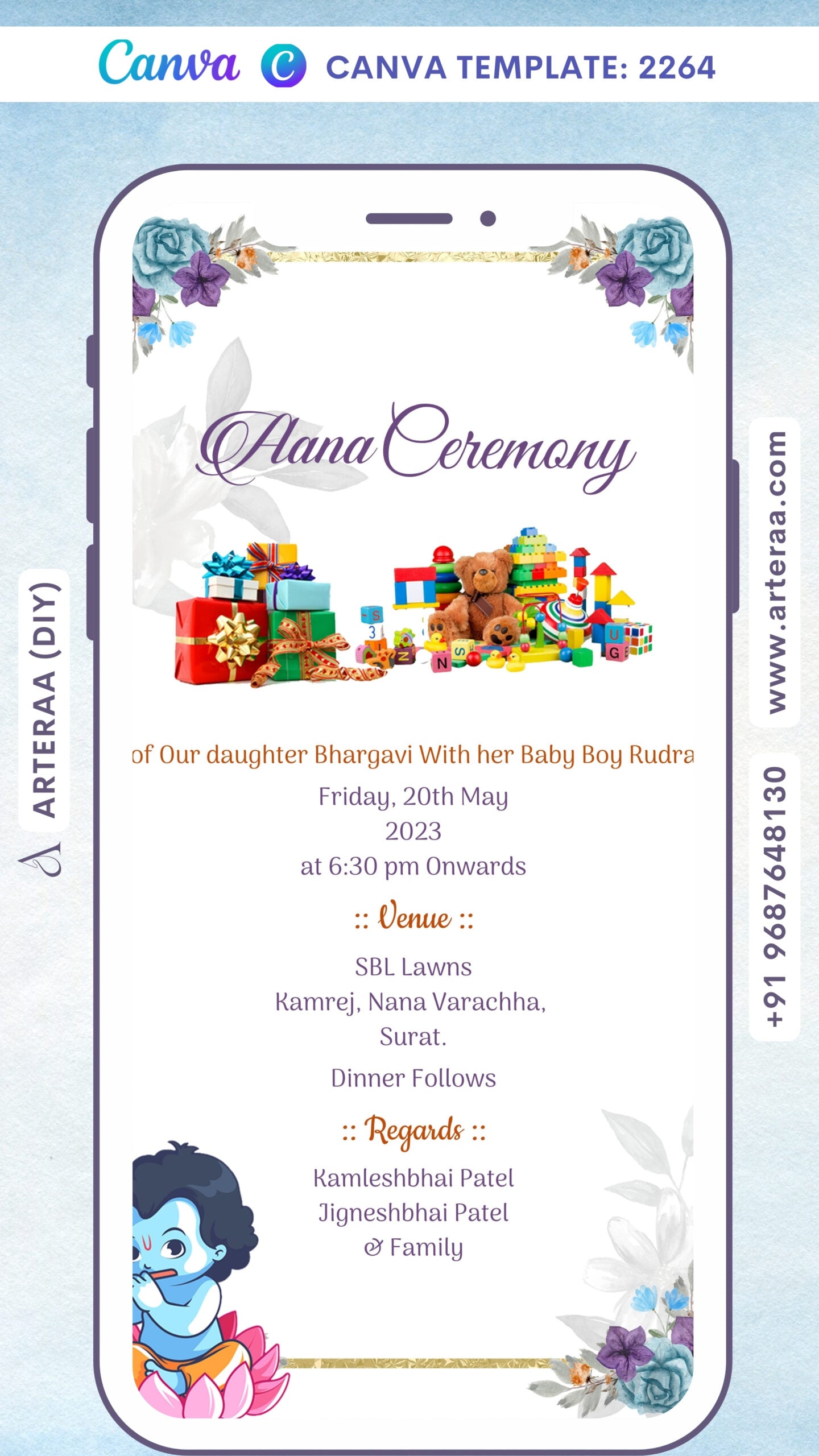 Aana ceremony invitation card Canva Editable Template in english language with krishna doodle, gifts, flowers as floral theme design 2264