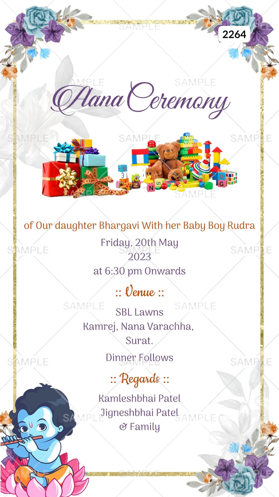 Aana ceremony invitation card Canva Editable Template in english language with krishna doodle, gifts, flowers as floral theme design 2264