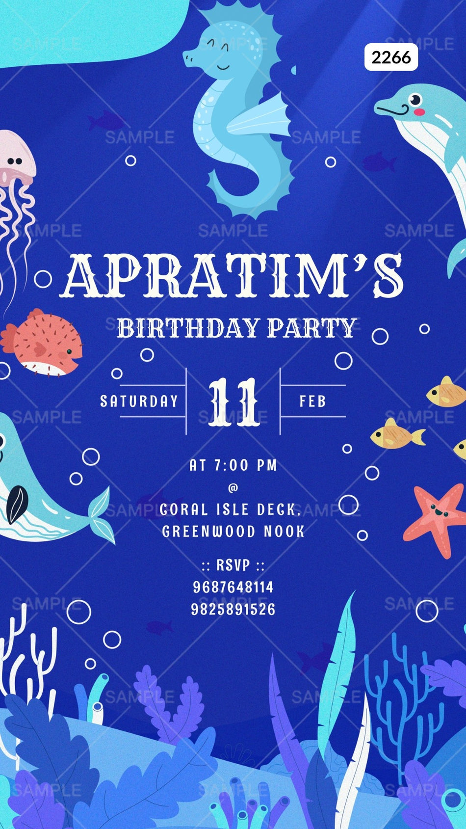 Birthday party invitation card Canva Editable Template for girl in english language with under the sea theme design 2266