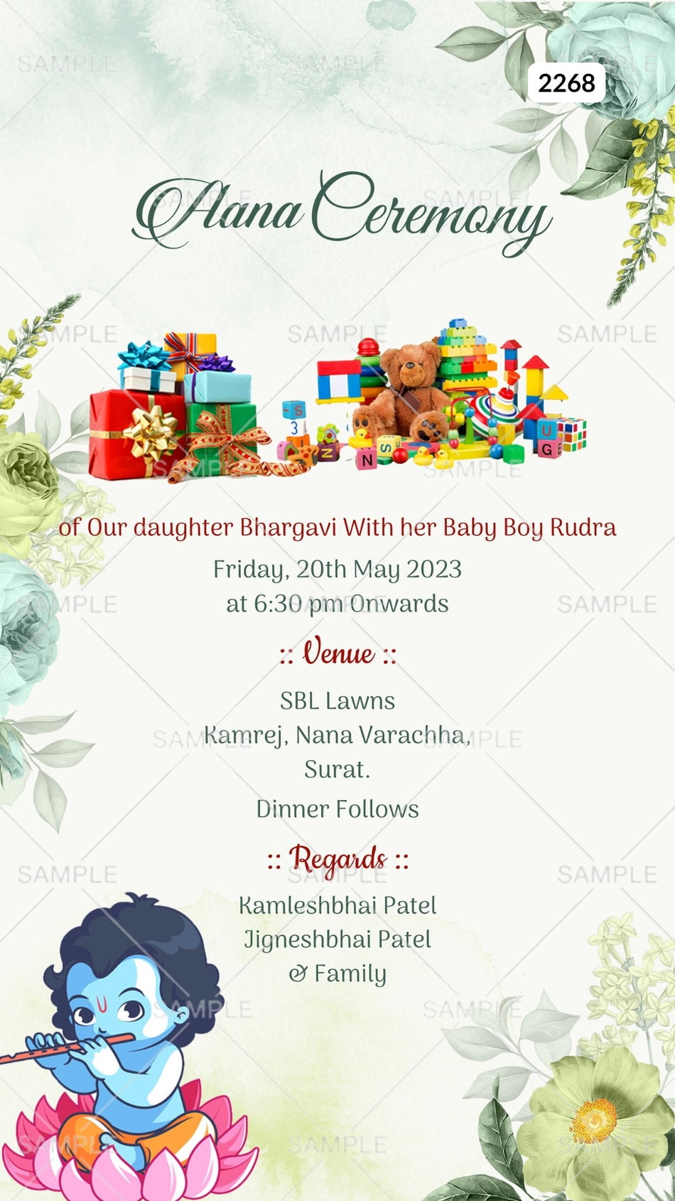 Aana ceremony invitation card Canva Editable Template in english language with krishna doodle, gifts, flowers as floral theme design 2268