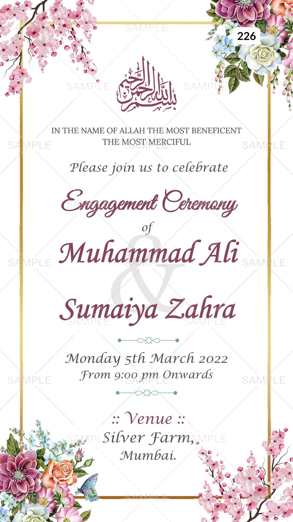 Engagement ceremony invitation card Canva Editable Template in english language with golden frame, leaves as floral theme design 226