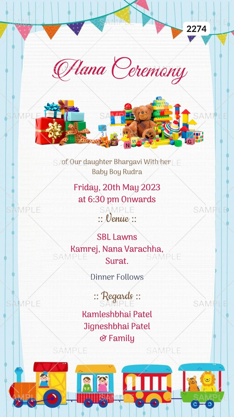 Aana ceremony invitation card Canva Editable Template in english language with train, birthday flag, toys as playful theme design 2274