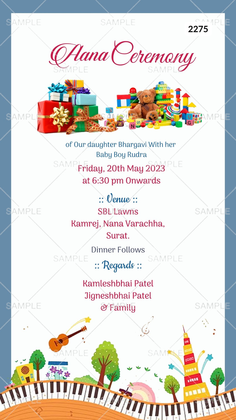 Aana ceremony invitation card Canva Editable Template in english language with piano, toys as playful theme design 2275