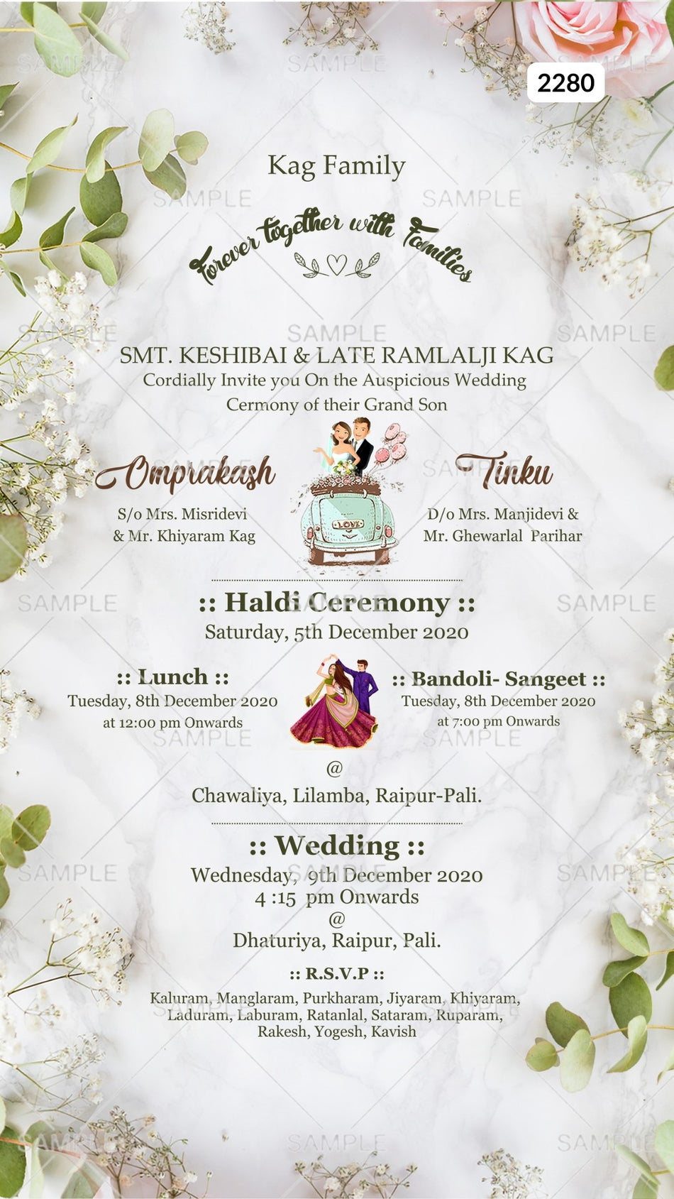 Wedding ceremony invitation card Canva Editable Template of hindu rajasthani royal family in english language with floral theme design 2280