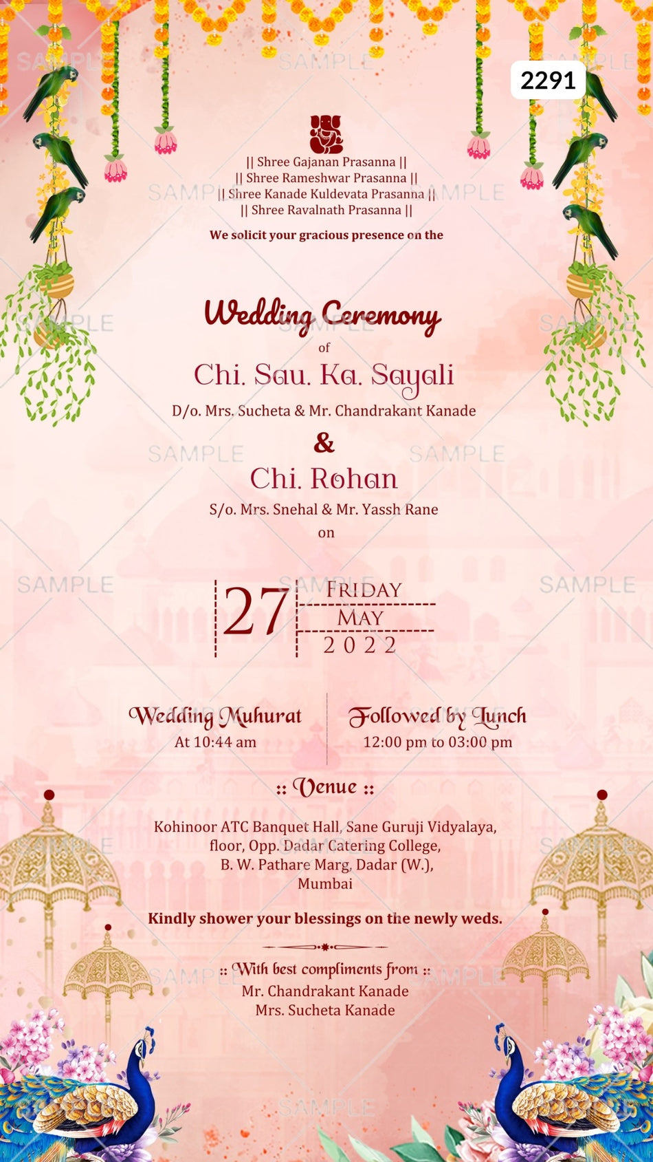 Wedding ceremony invitation card Canva Editable Template of hindu maharashtrian marathi family in english language with traditional theme design 2291