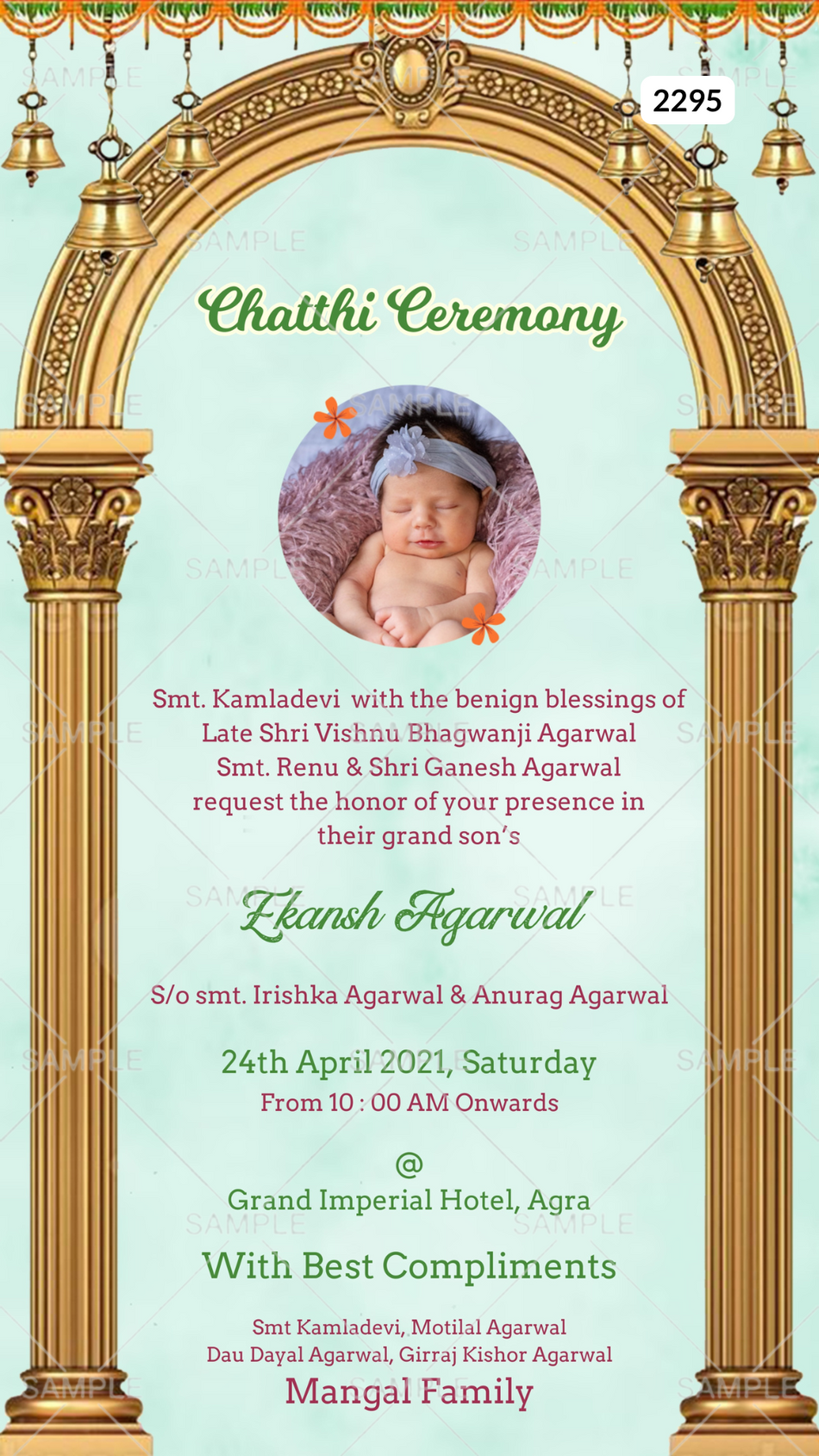 Chhathi ceremony invitation card Canva Editable Template for baby boy and girl in english language with baby image, bells as gate theme design 2295
