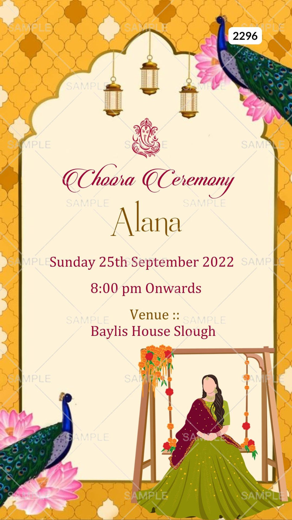 Choora ceremony invitation card Canva Editable Template in english language with arch theme design 2296