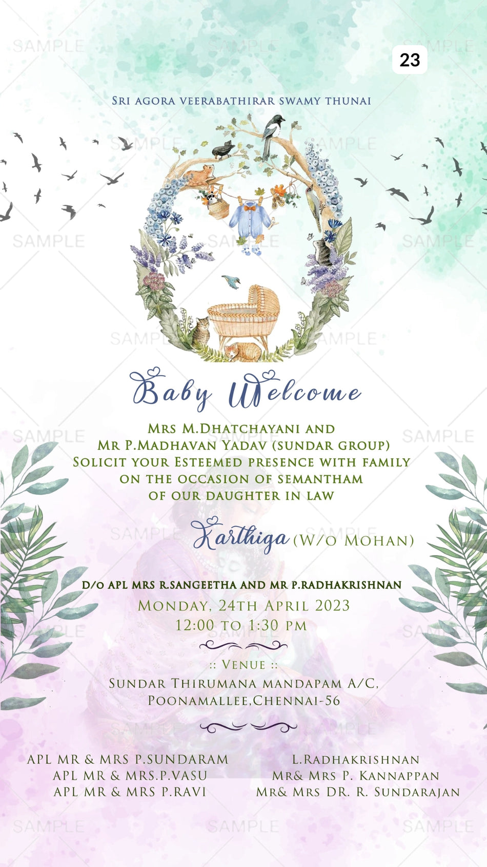 Baby welcome party invitation card Canva Editable Template in english language with artistic leaves theme design 23