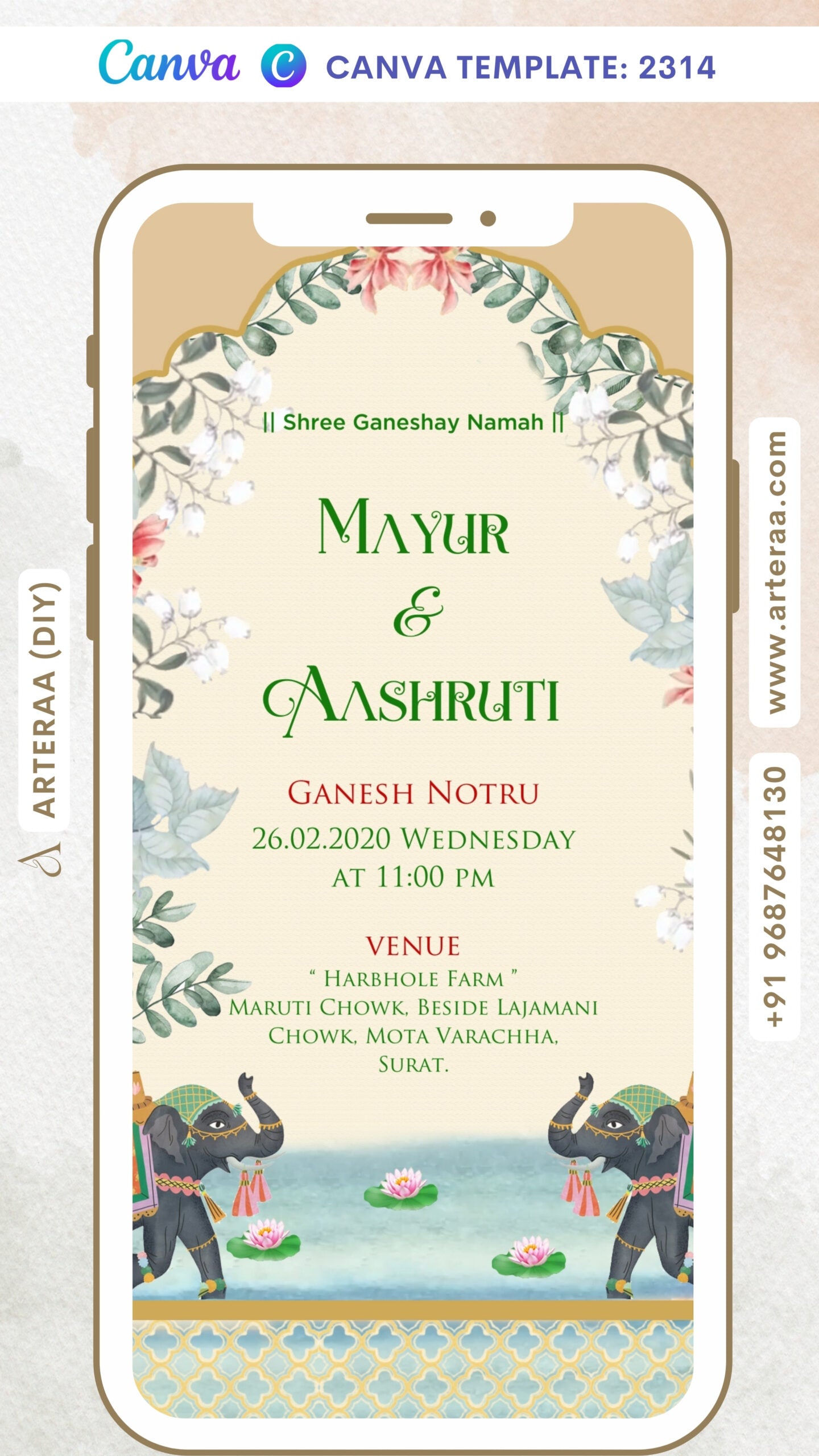 Ganesh Notaru Ceremony invitation card Canva Editable Template in gujarati language with elephants, flowers as traditional theme design 2314