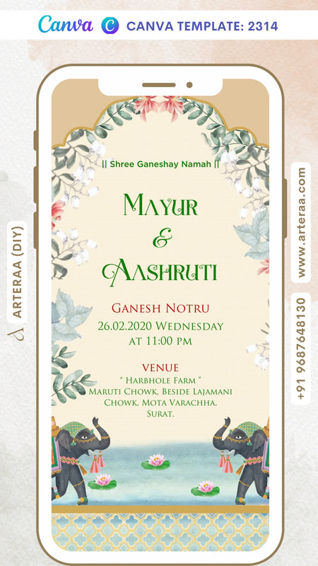 Ganesh Notaru Ceremony invitation card Canva Editable Template in gujarati language with elephants, flowers as traditional theme design 2314