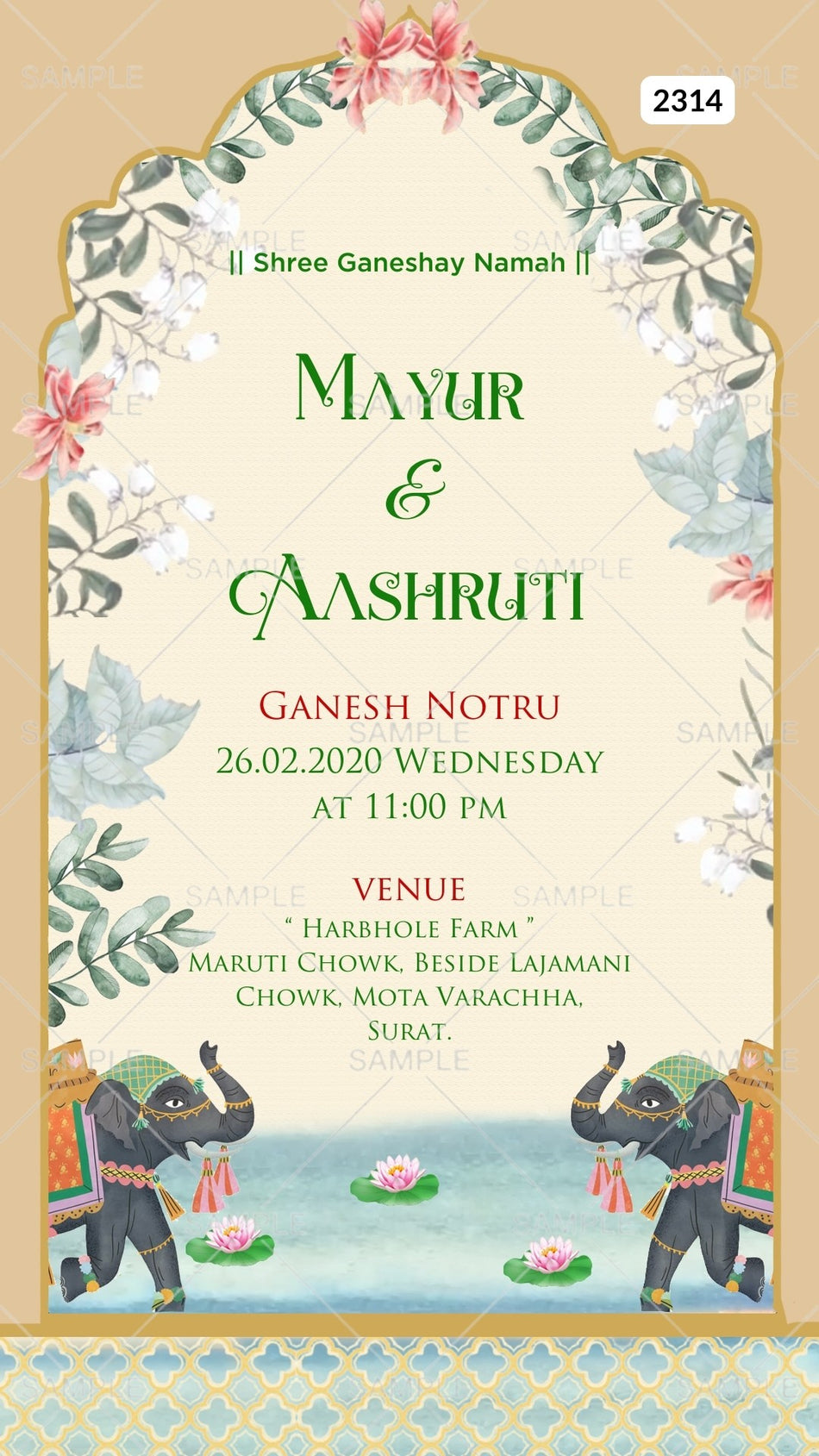 Ganesh Notaru Ceremony invitation card Canva Editable Template in English language with elephants, flowers as traditional theme design 2314