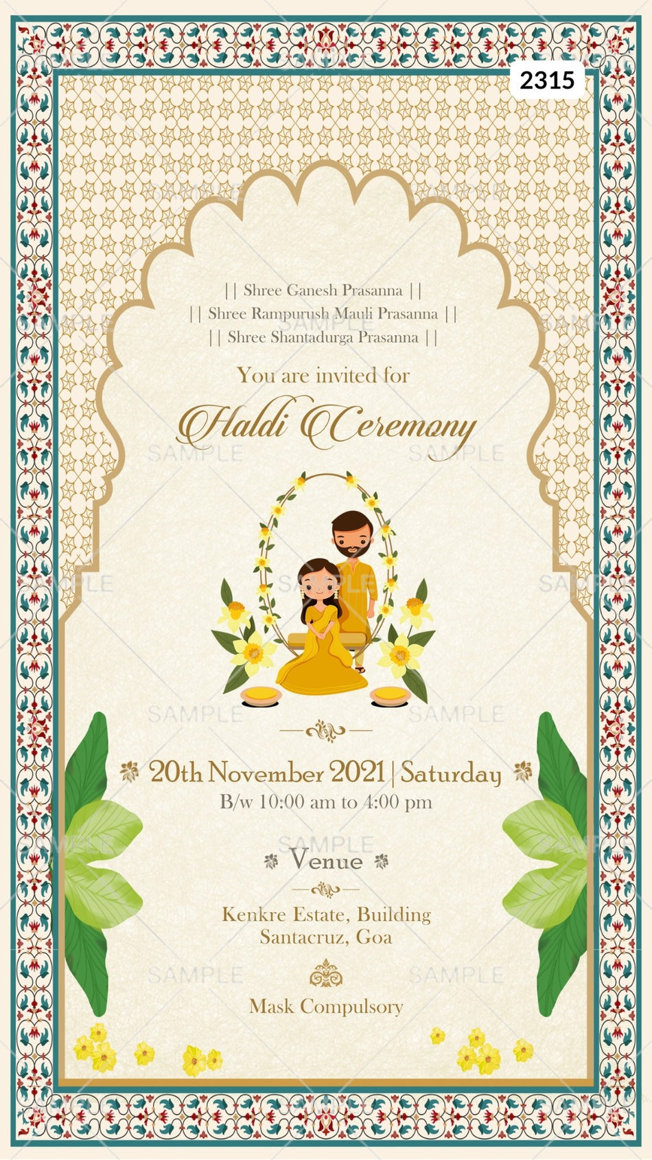 Haldi ceremony invitation card Canva Editable Template in english language with couple doodle as vintage theme design 2315