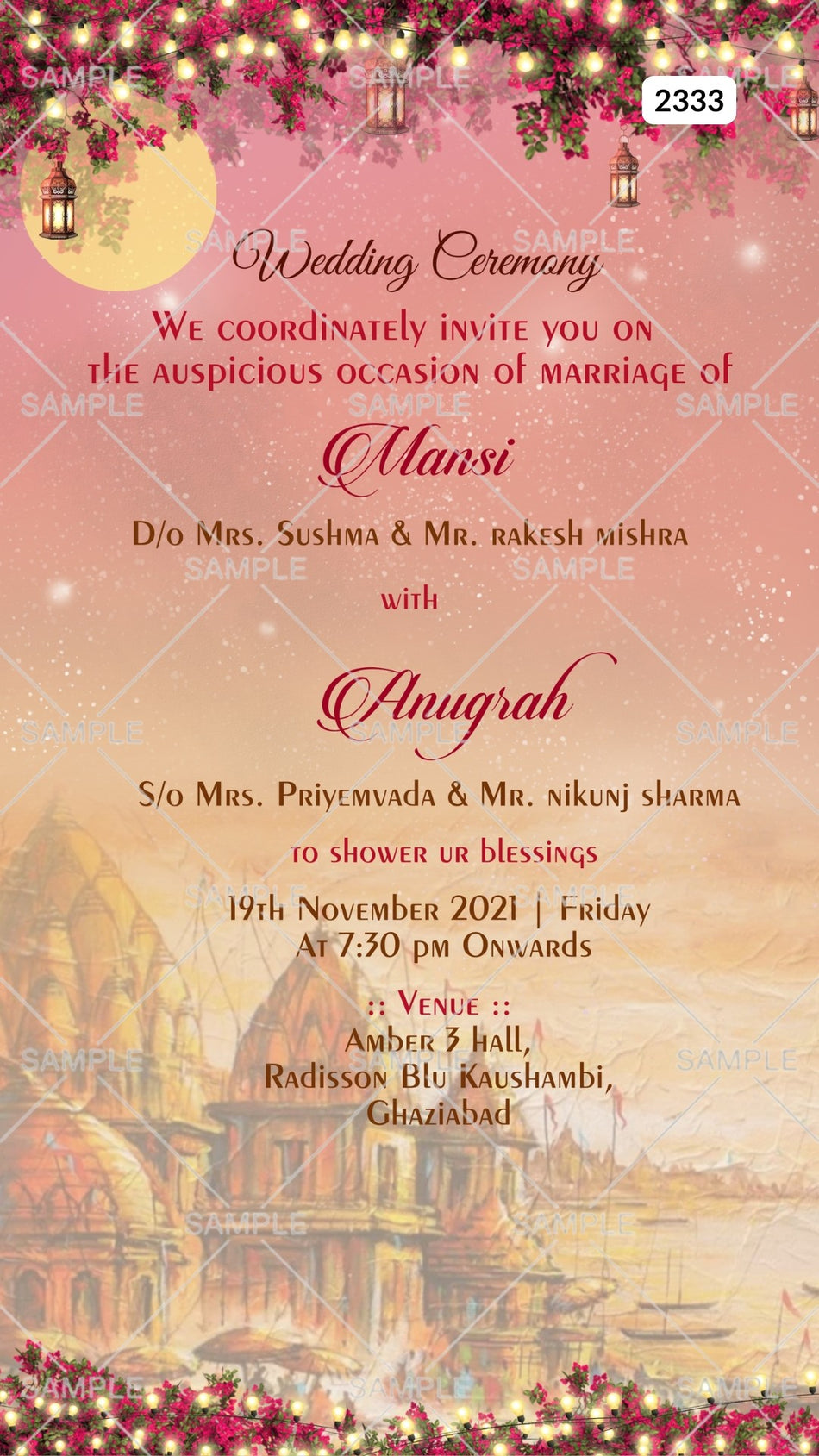 Wedding ceremony invitation card Canva Editable Template of hindu north indian bhojpuri family in english language with temple theme design 2333