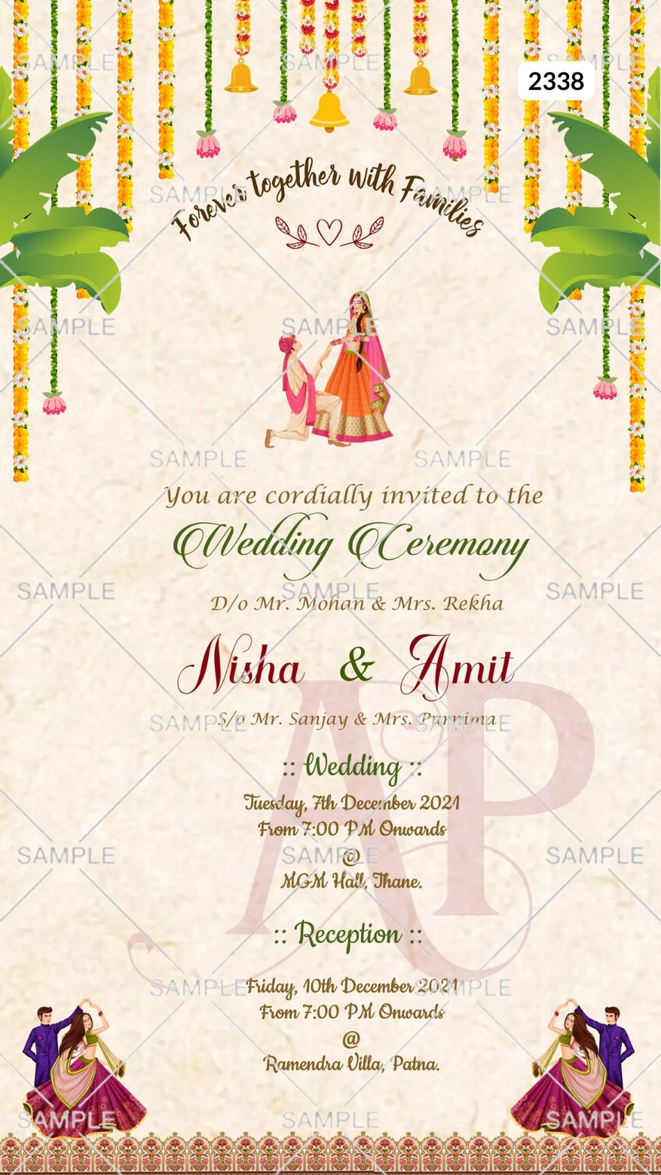 Wedding ceremony invitation card Canva Editable Template of hindu maharashtrian marathi family in english language with traditional theme design 2338