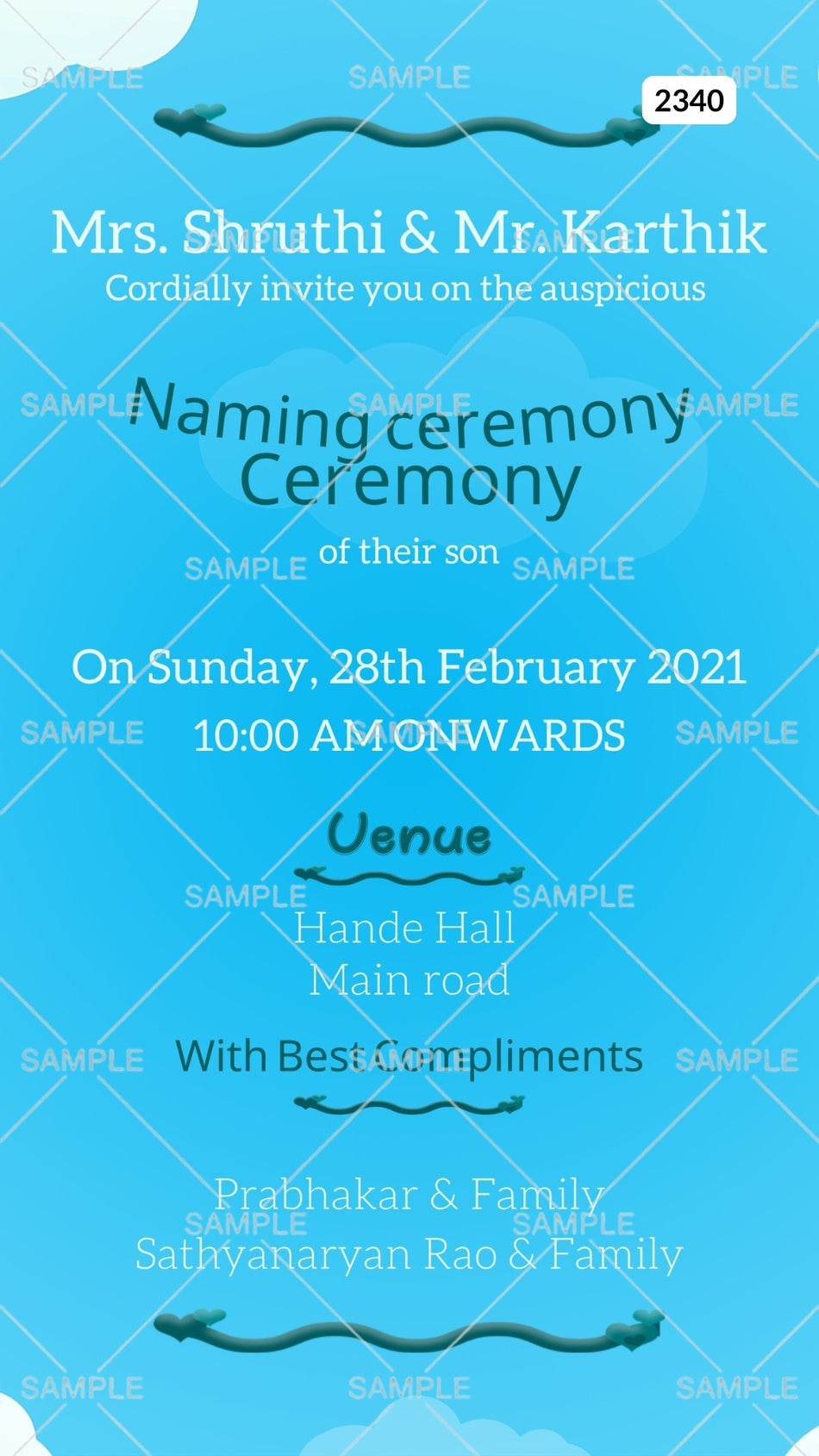 Baby Naming ceremony invitation card Canva Editable Template in english language with cloud as minimalistic theme design 2340