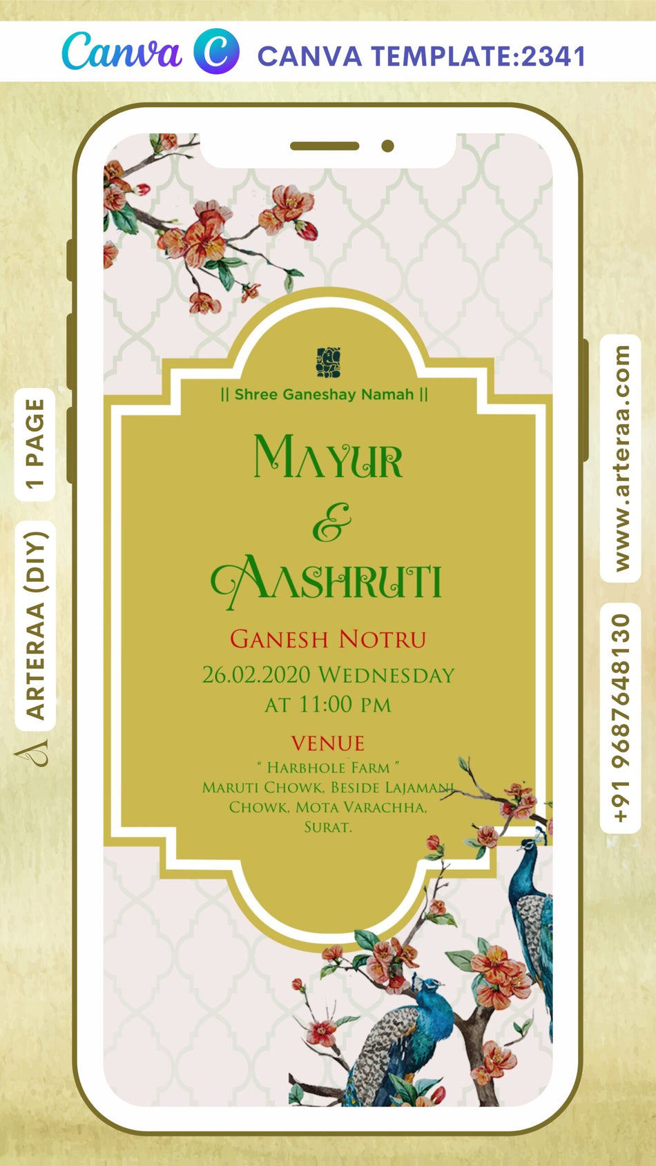 Ganesh Notaru Ceremony invitation Canva Editable video Template in gujarati language with peacock, flowers as vintage theme design 2341