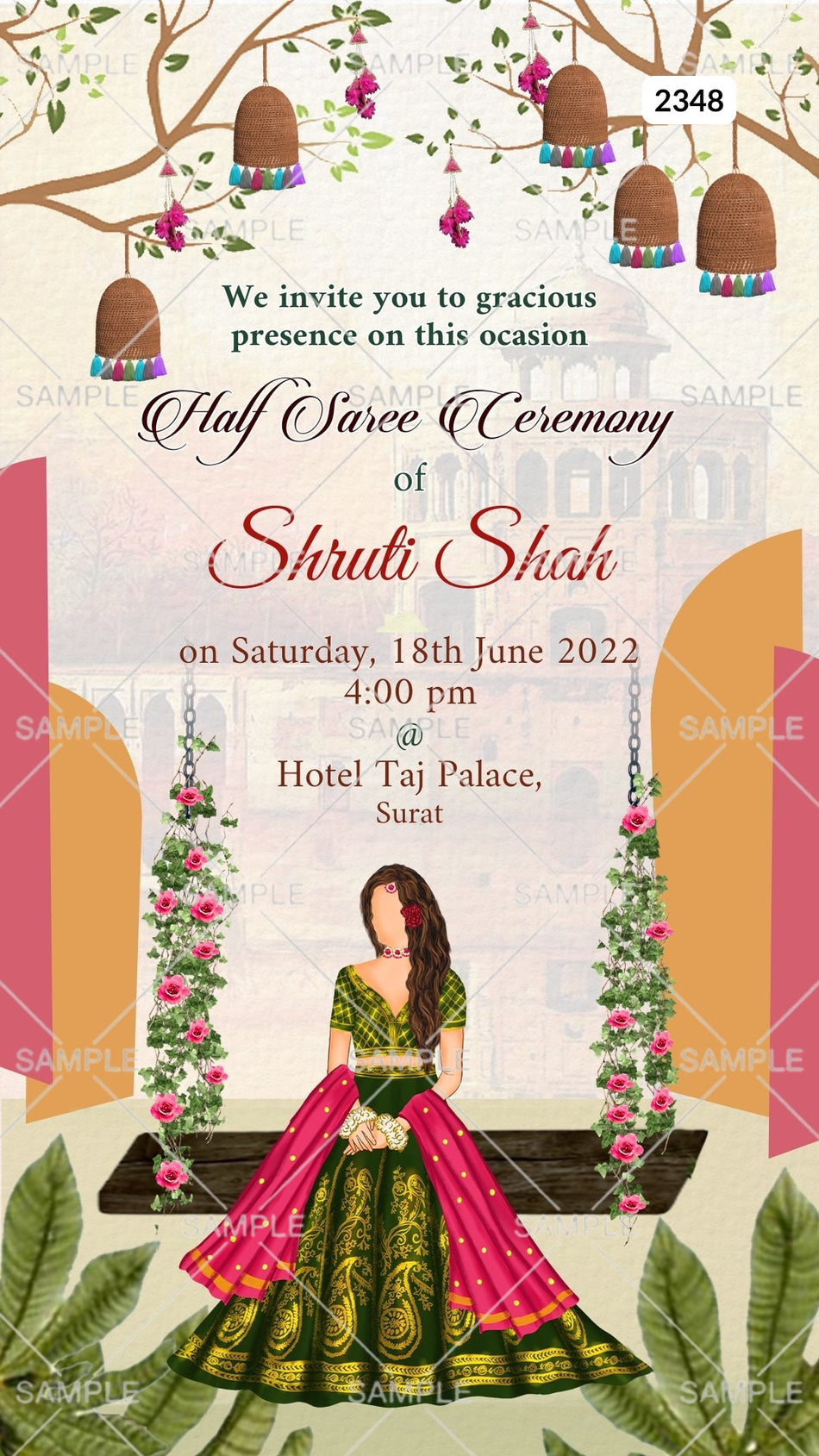 Young girl caricature invitation card Canva Editable Template for half saree ceremony in english language with traditional theme design 2348