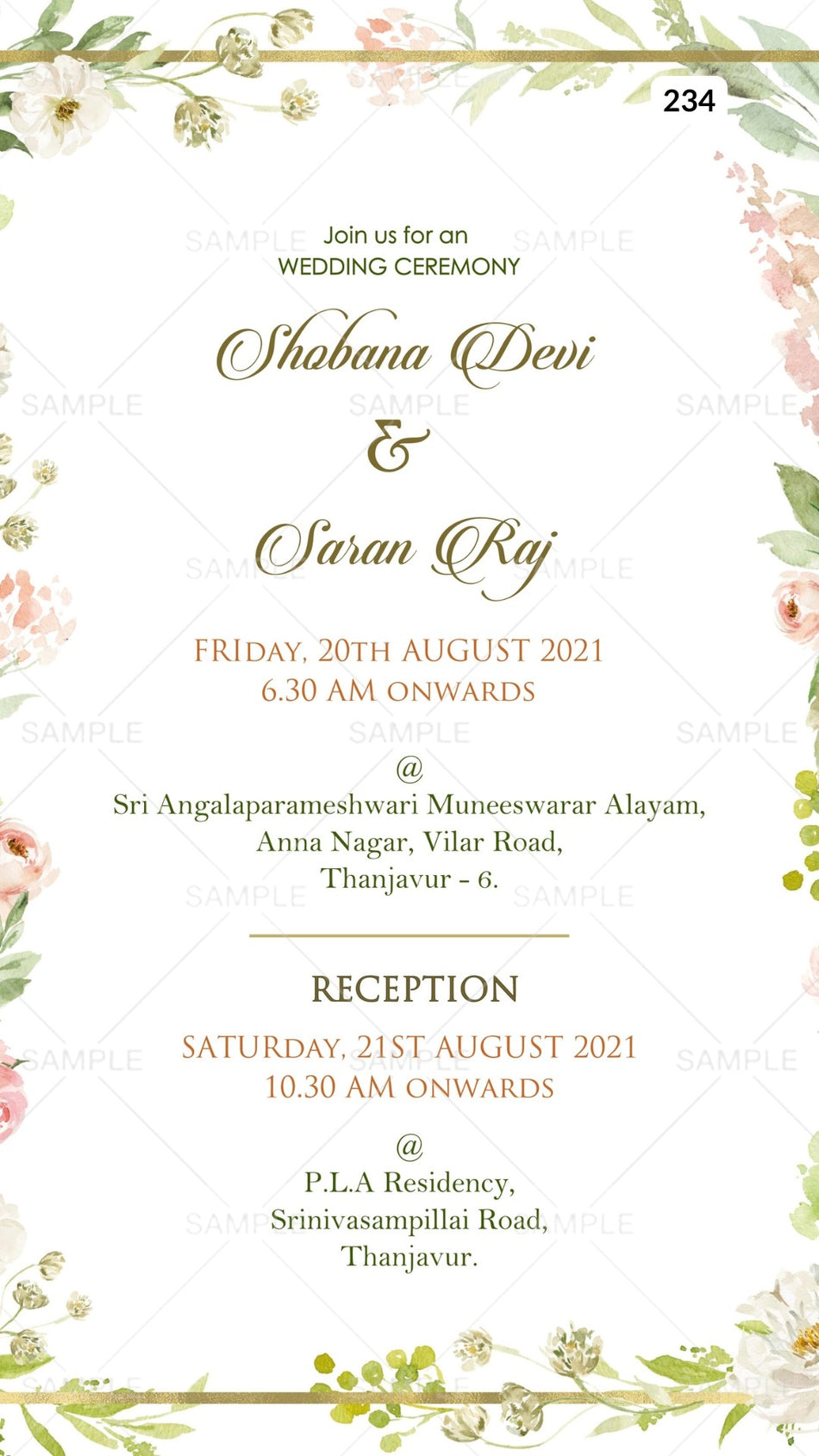 Nikah ceremony invitation card Canva Editable Template of Muslim family in english language with Floral theme design 234