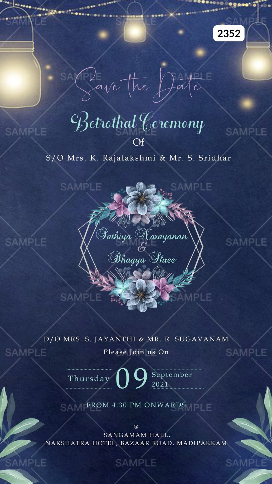 Betrothal ceremony invitation card Canva Editable Template for Catholic family in english language with flowers, frame as glitter theme design 2352