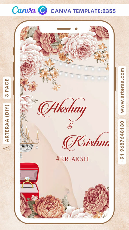 Engagement ceremony invitation Canva Editable video Template in english language with cake, string light, ring box as floral theme design 2355