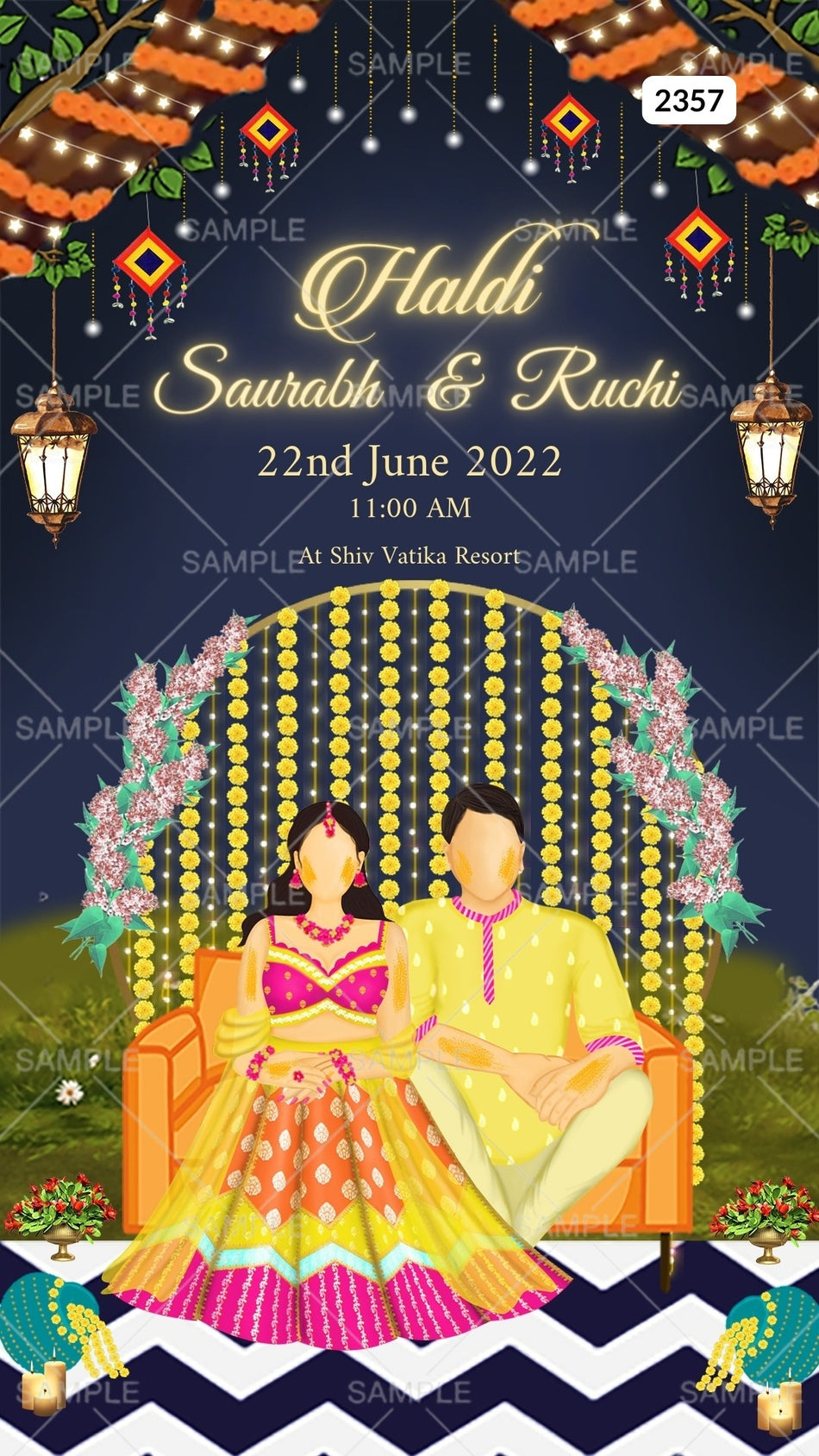 Haldi ceremony invitation card Canva Editable Template in english language with couple doodle, string lights as night view theme design 2357