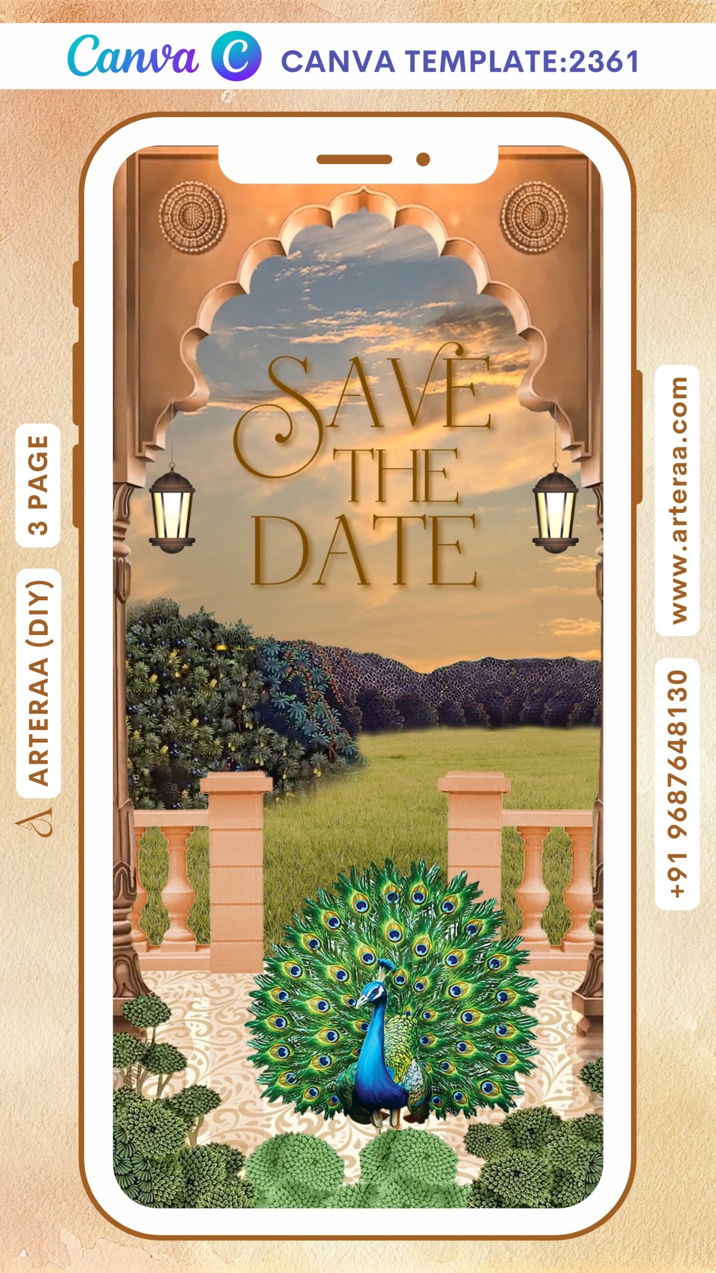 Save the Date Canva Editable video Template in english language with royal theme design 2361