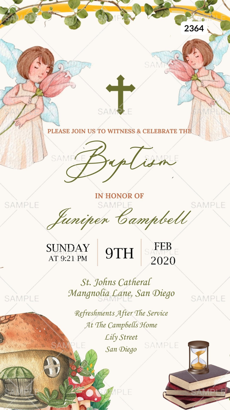 Baptism ceremony invitation card Canva Editable Template in english language with house, gate as fairytale theme design 2364