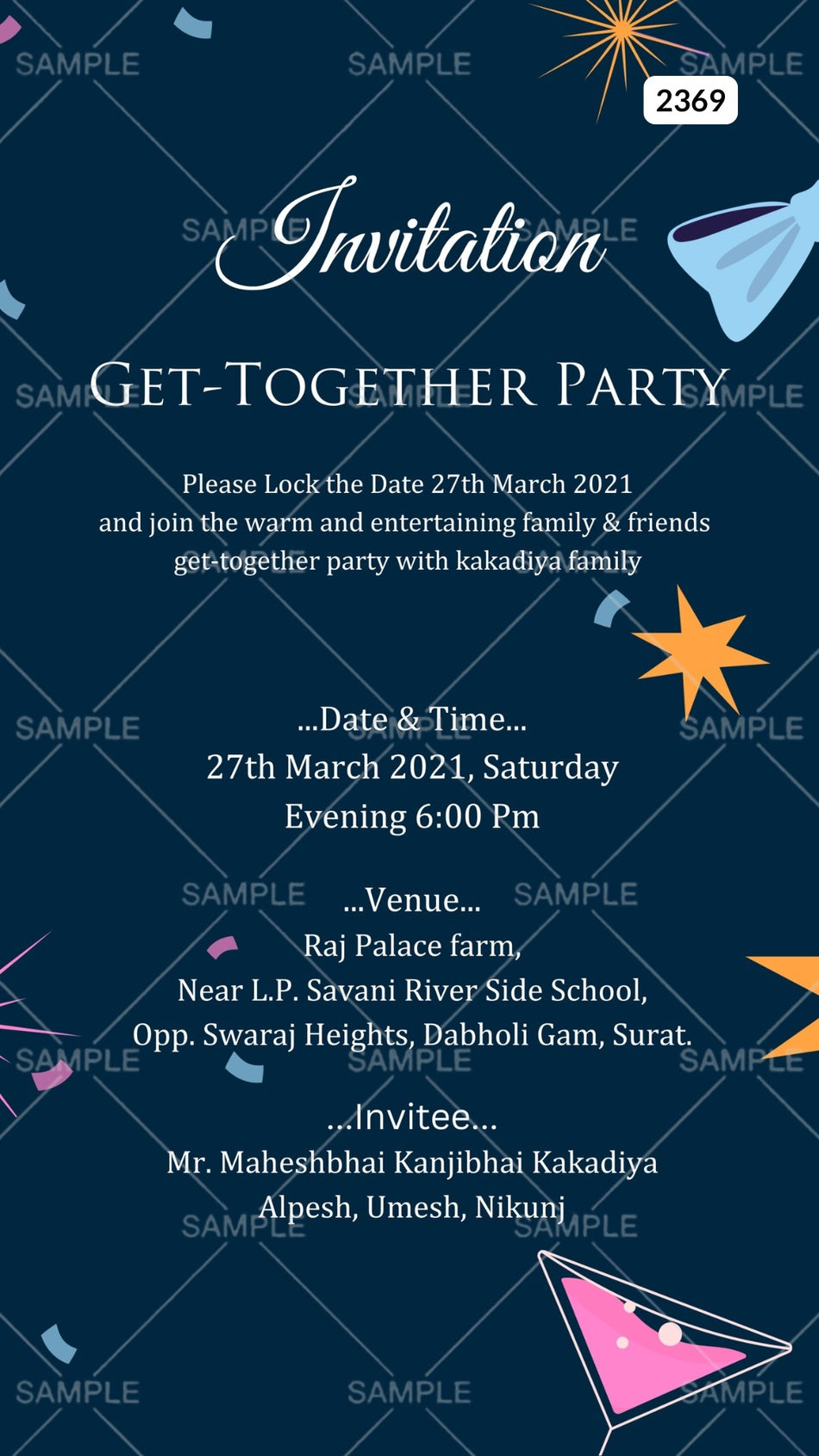 Get Together Party invitation card Canva Editable Template in english language with ribbon, glass as minimalistic theme design 2369
