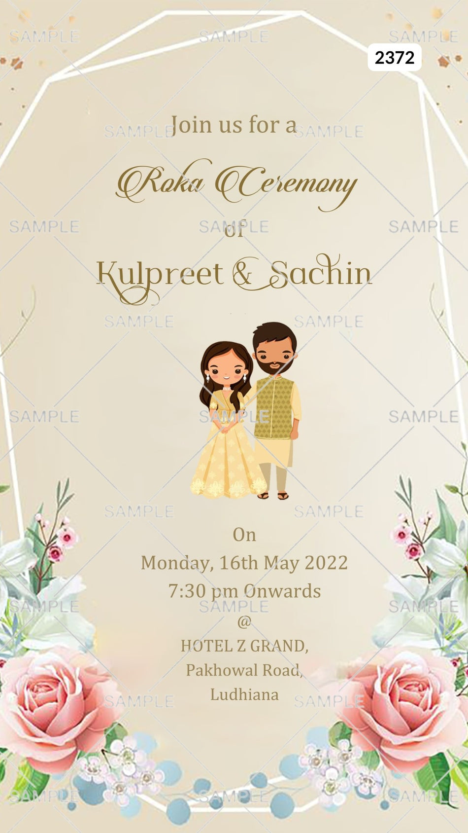 Roka ceremony invitation card Canva Editable Template for Punjabi family in english language with adorable couple doodle, flowers as floral theme design 2372