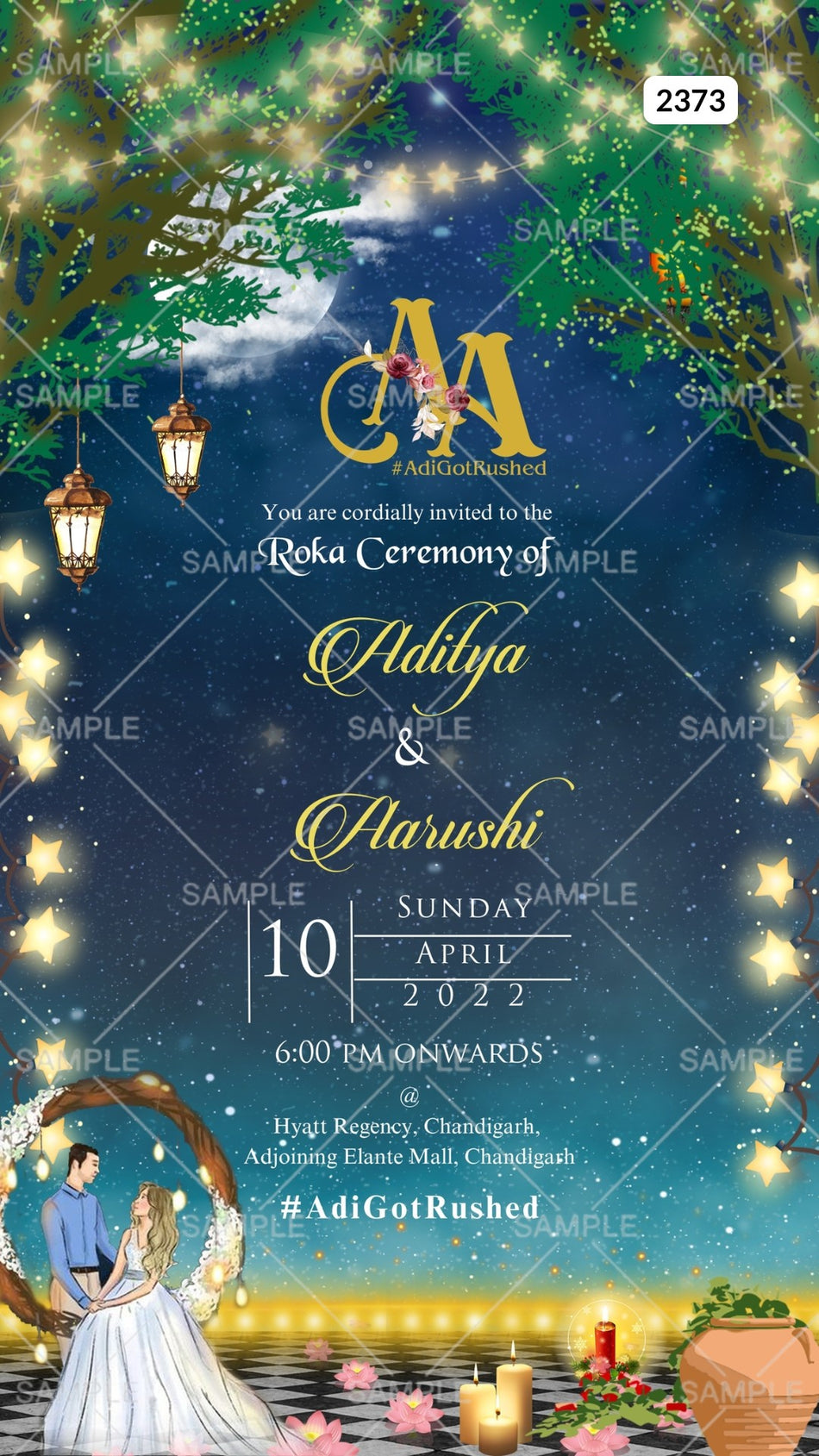 Roka ceremony invitation card Canva Editable Template for Punjabi family in english language with couple logo, romantic couple doodle as glittery theme design 2373