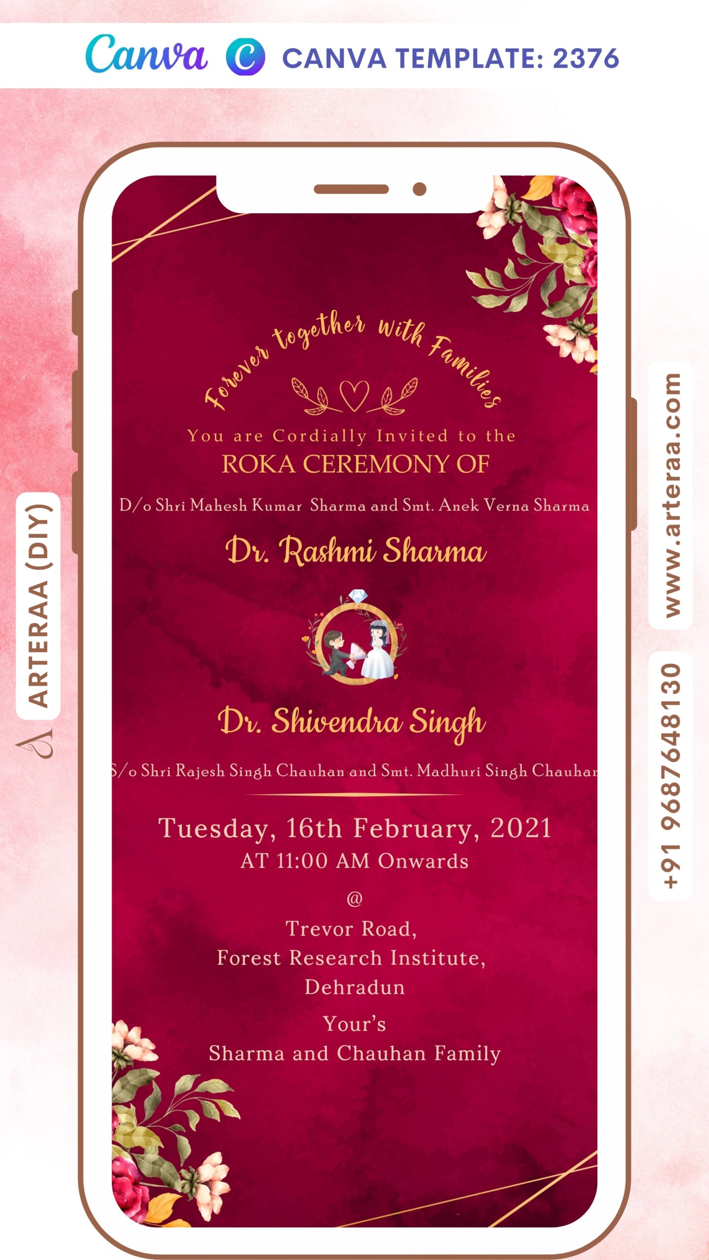 Roka ceremony invitation card Canva Editable Template for Punjabi family in english language with romantic couple doodle, flowers as floral theme design 2376