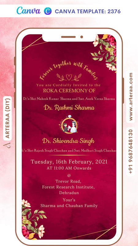 Roka ceremony invitation card Canva Editable Template for Punjabi family in english language with romantic couple doodle, flowers as floral theme design 2376