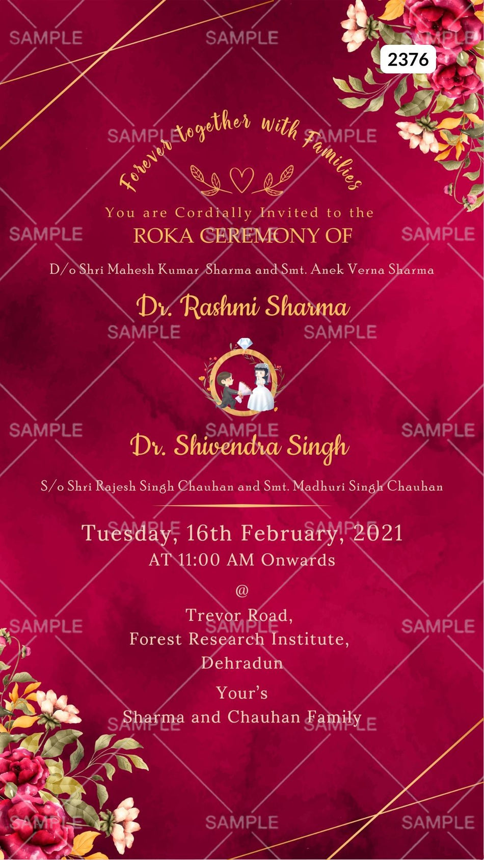Roka ceremony invitation card Canva Editable Template for Punjabi family in english language with romantic couple doodle, flowers as floral theme design 2376