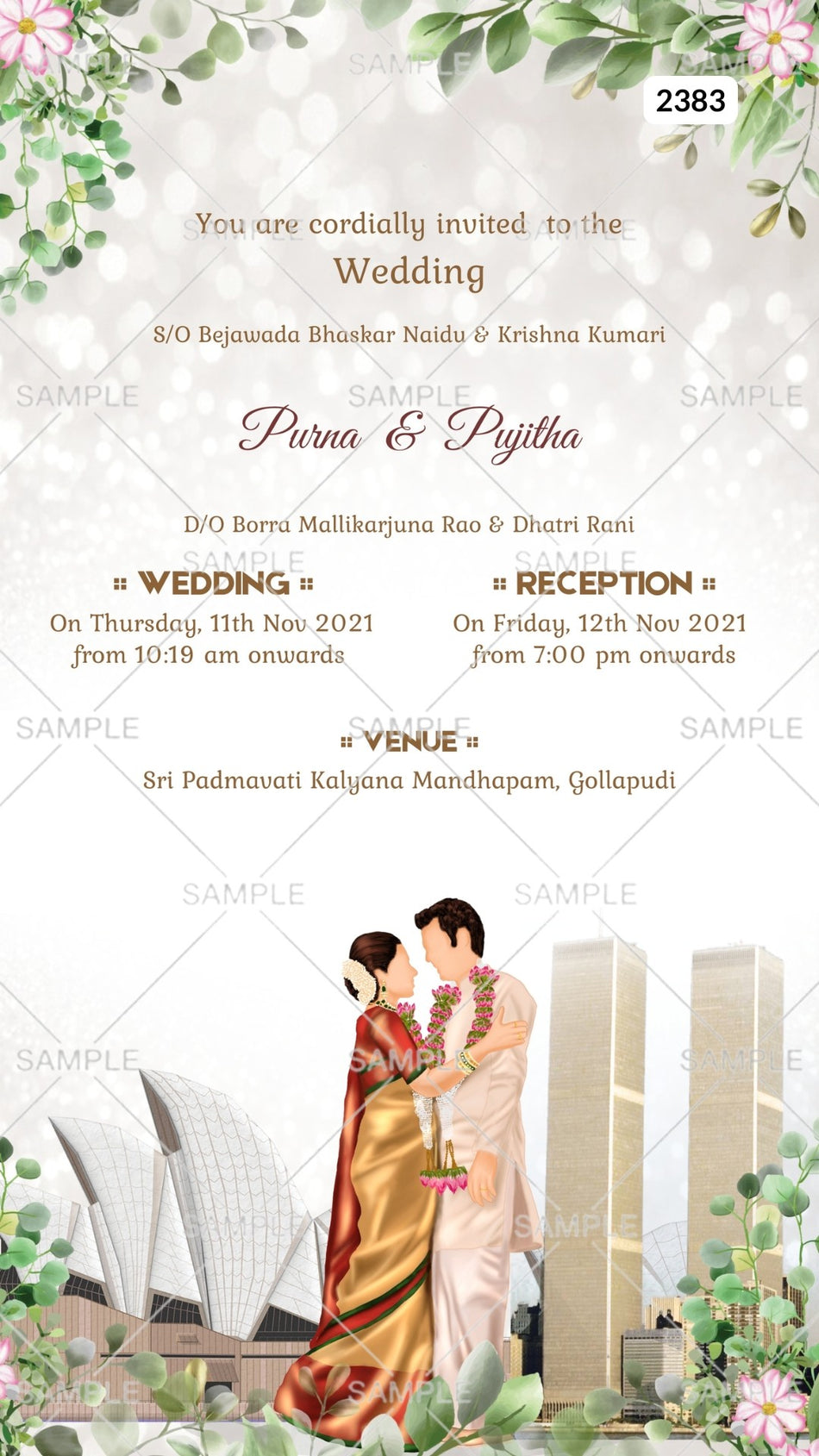 Royal couple doodle invitation card Canva Editable Template for the wedding ceremony of Hindu south indian telugu family in english language with floral and city view theme design 2383
