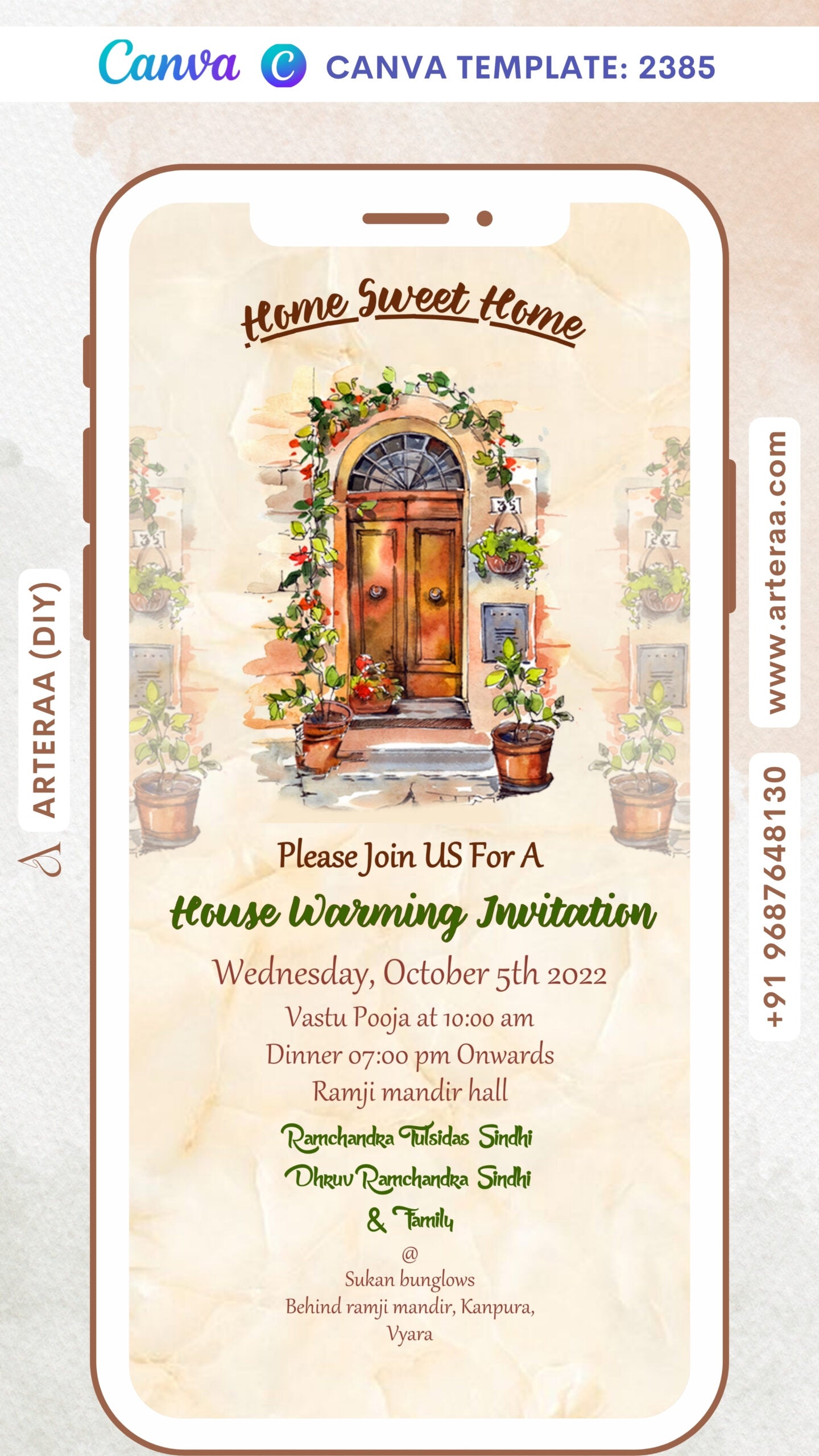 House Warming ceremony invitation card Canva Editable Template in english language with door, flowers pot as vintage theme design 2385
