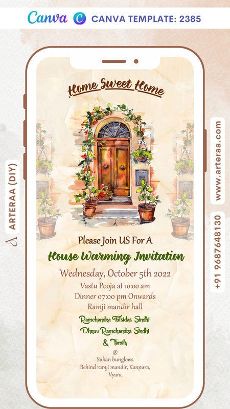 House Warming ceremony invitation card Canva Editable Template in english language with door, flowers pot as vintage theme design 2385