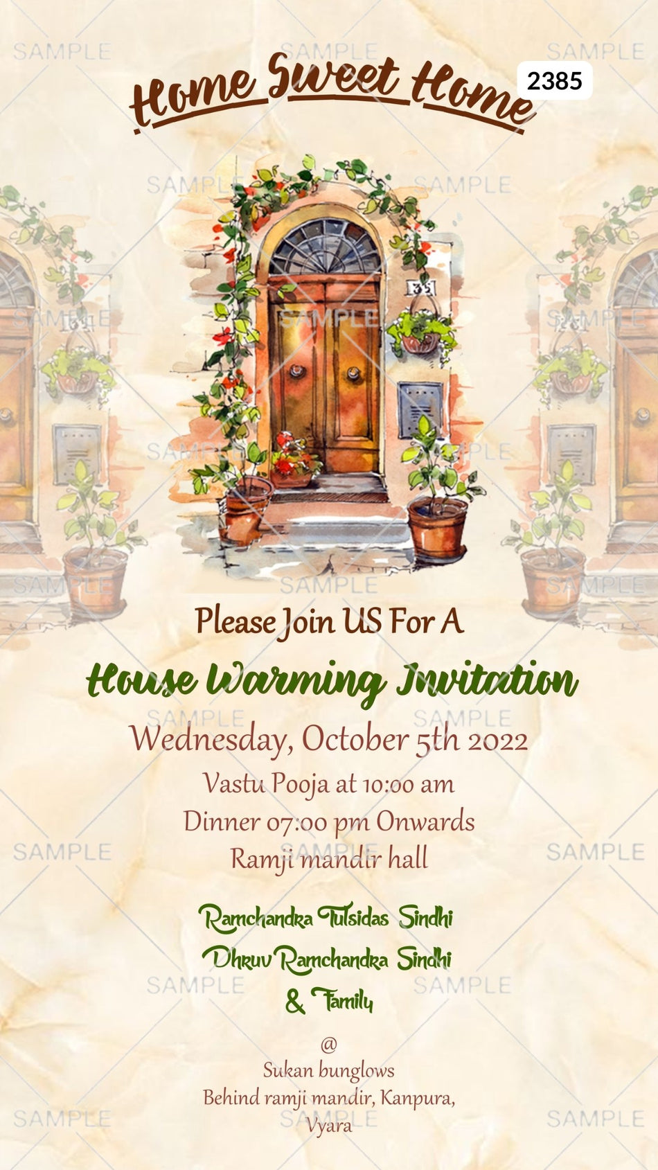 House Warming ceremony invitation card Canva Editable Template in english language with door, flowers pot as vintage theme design 2385