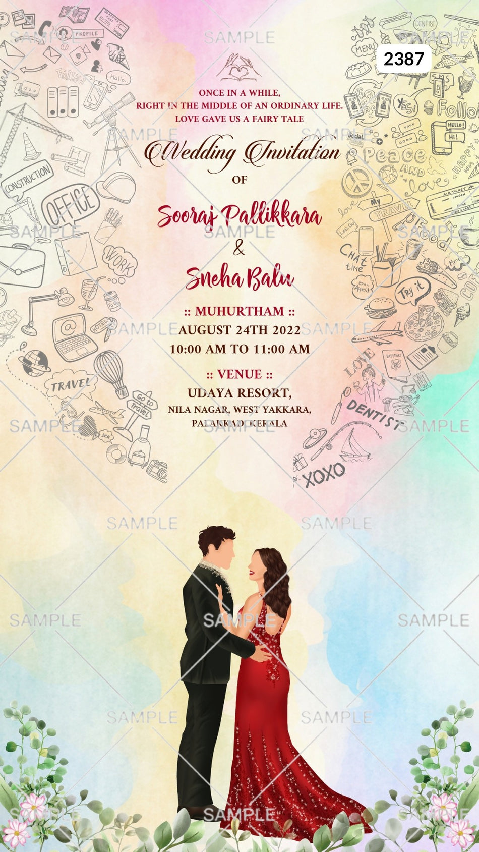 Charming couple doodle invitation card Canva Editable Template for the wedding ceremony of Hindu south indian Malayali family in english language with mixed professional theme design 2387