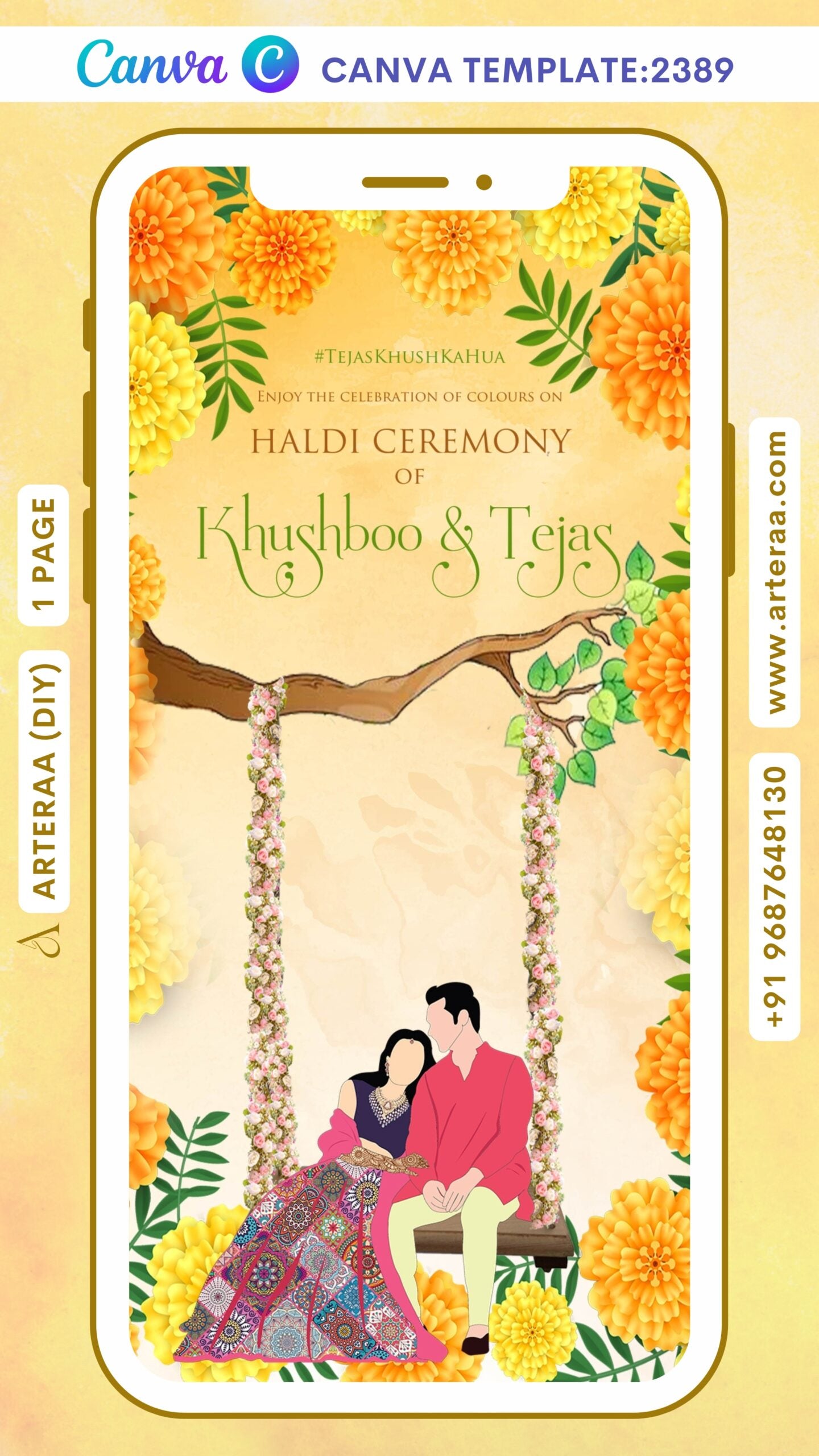 Save the Date invitation Canva Editable video Template in English language with swing, flowers as floral theme design 2389
