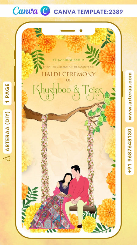 Save the Date invitation Canva Editable video Template in English language with swing, flowers as floral theme design 2389
