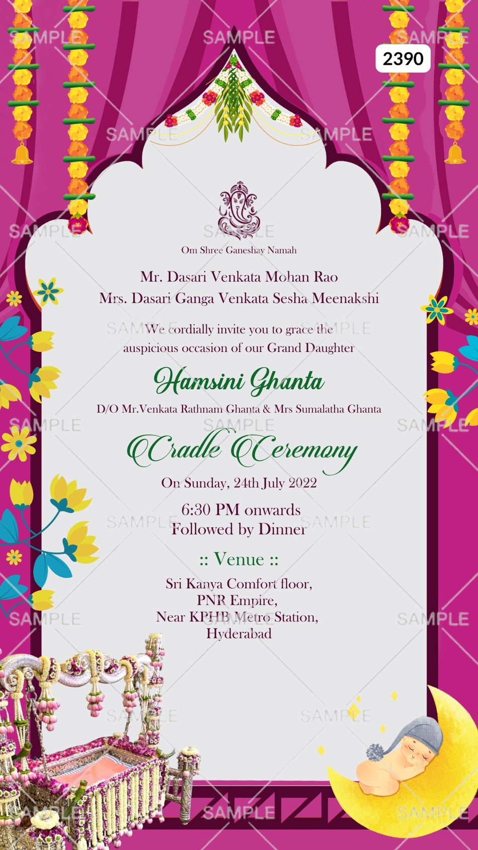 Cradle ceremony invitation card Canva Editable Template for bay girl in english language with moon, cradle as traditional theme design 2390