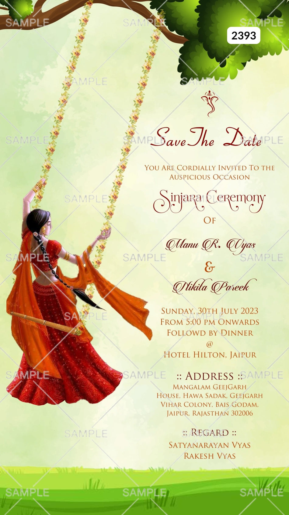 Sinjara ceremony invitation card Canva Editable Template in english language with girl doodle as garden theme design 2393