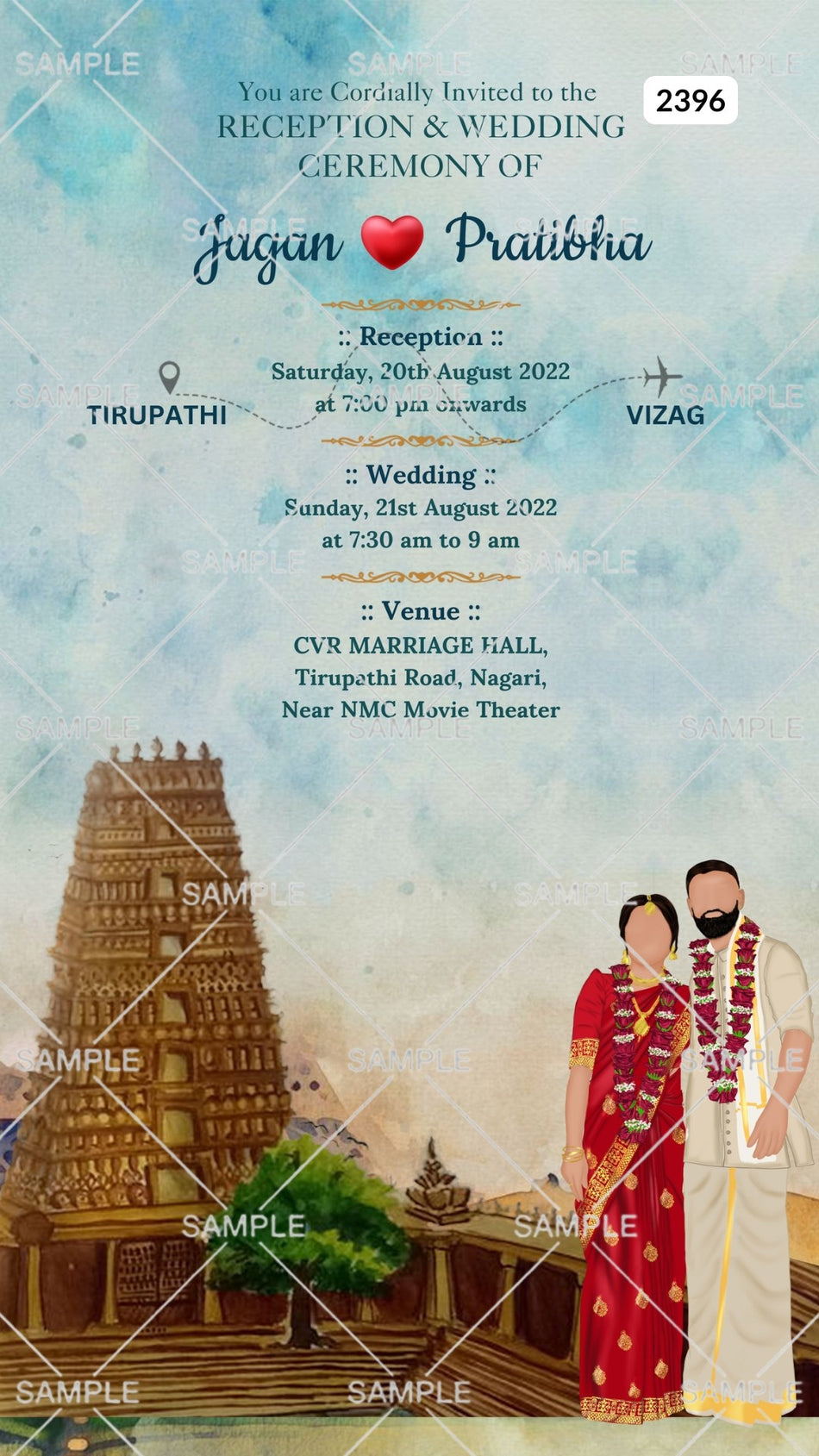 Stylish couple doodle invitation card Canva Editable Template for the wedding ceremony of Hindu south indian telugu family in english language with temple theme design 2396