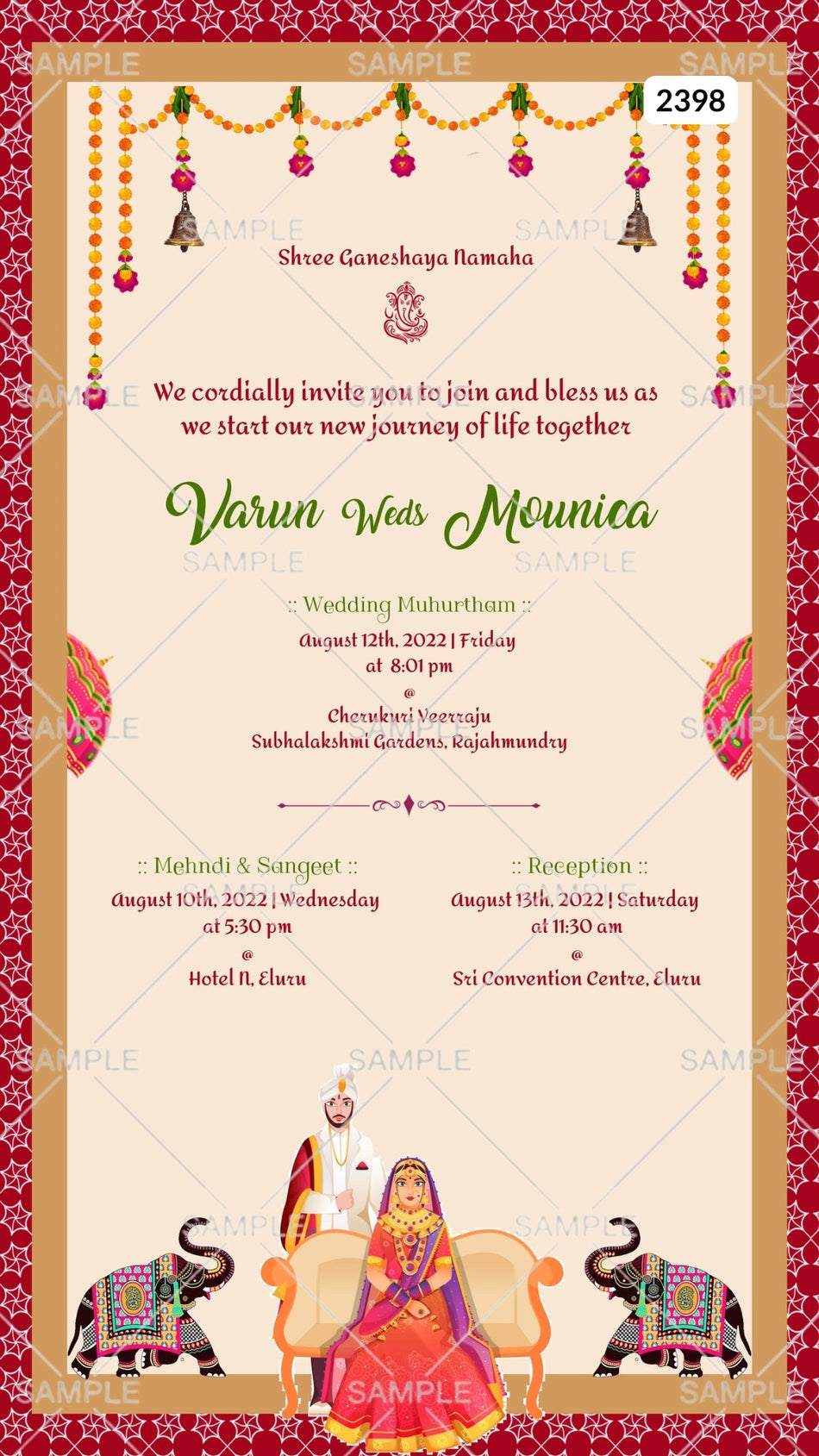 Royal couple doodle invitation card Canva Editable Template for the wedding ceremony of Hindu south indian telugu family in english language with traditional theme design 2398
